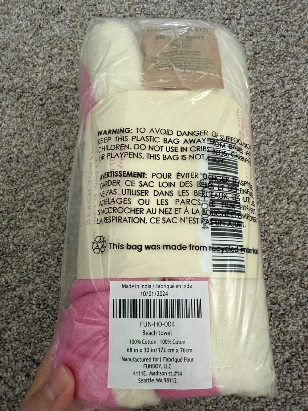 Funboy Poolside Leisure Club Beach Towel Pink & Cream Stripes NEW